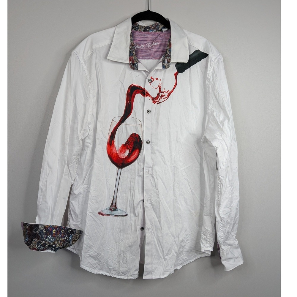 Robert Graham Button Down Men 2XL White Good Wine Glass Graphic Paisley Trim